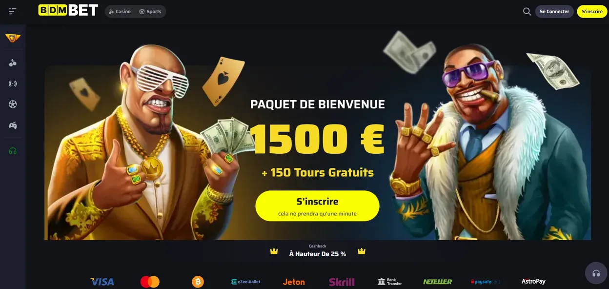 BDMBet Casino France page principale avec bonus de bienvenue